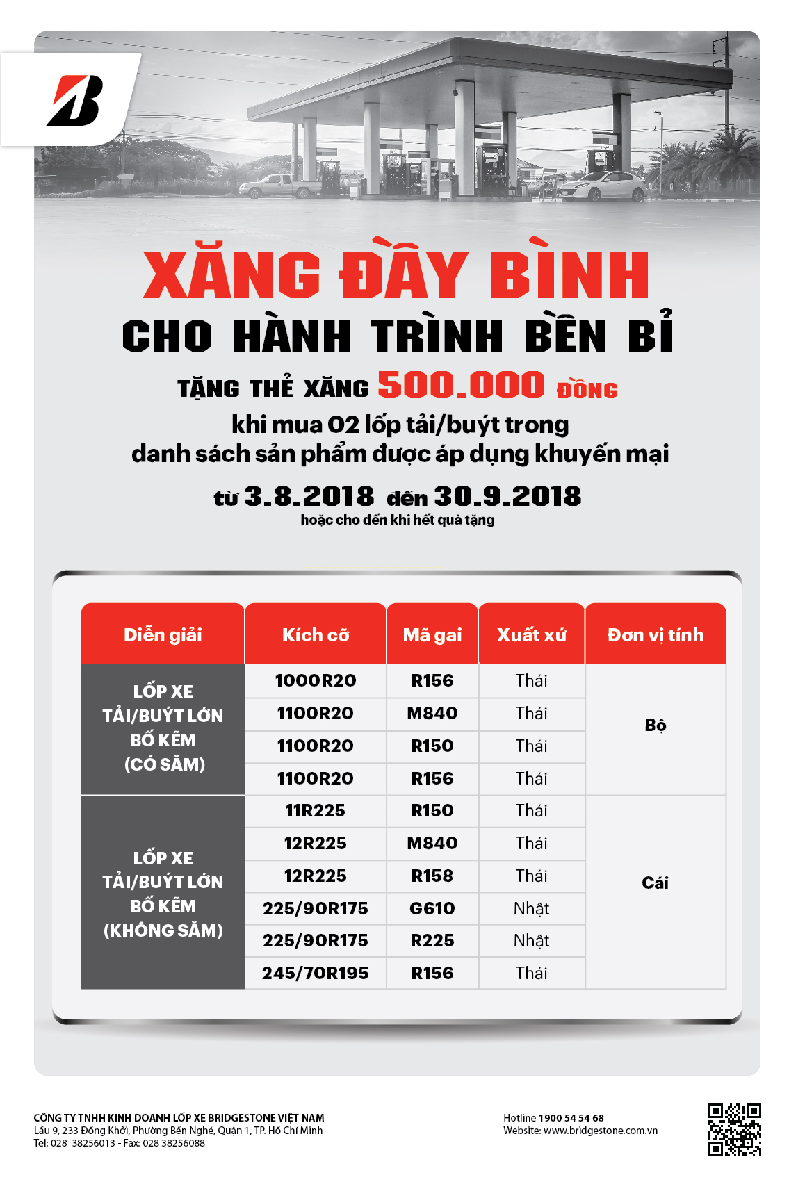 Chi tiết sản phẩm được áp dụng trong chương trình khuyến mãi Bridgestone