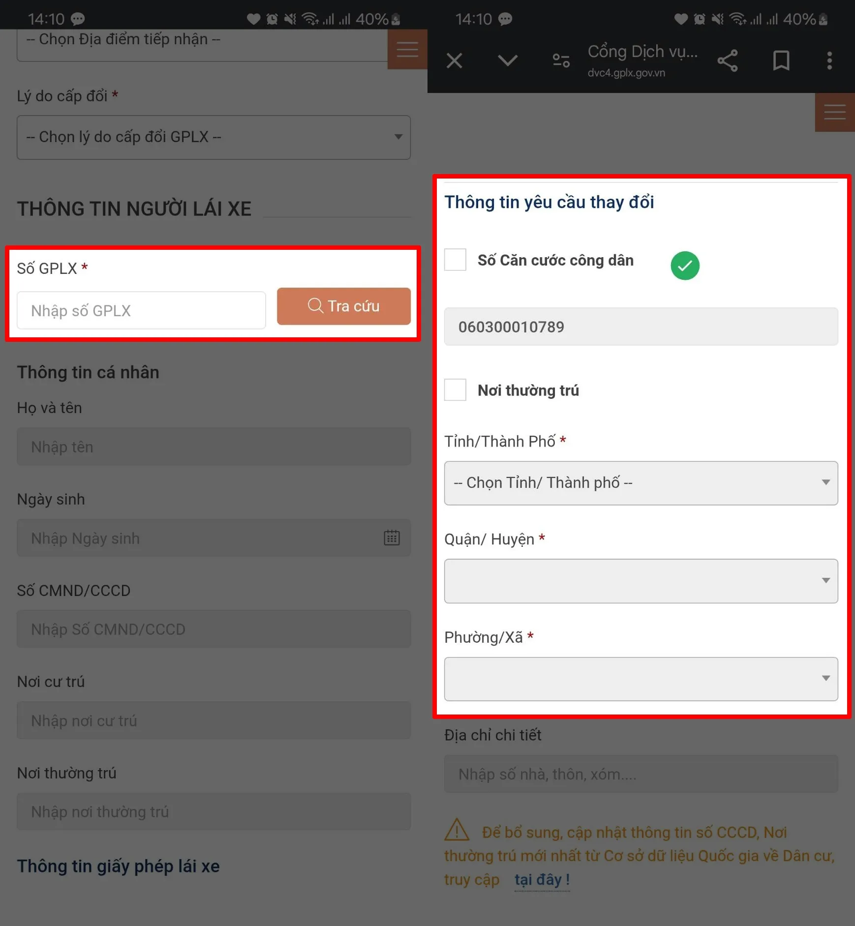 Thay đổi thông tin giấy phép lái xe (nếu cần)