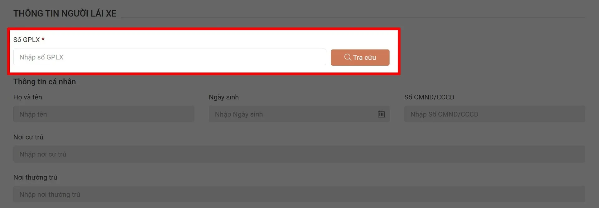 Điền thông tin số giấy phép lái xe