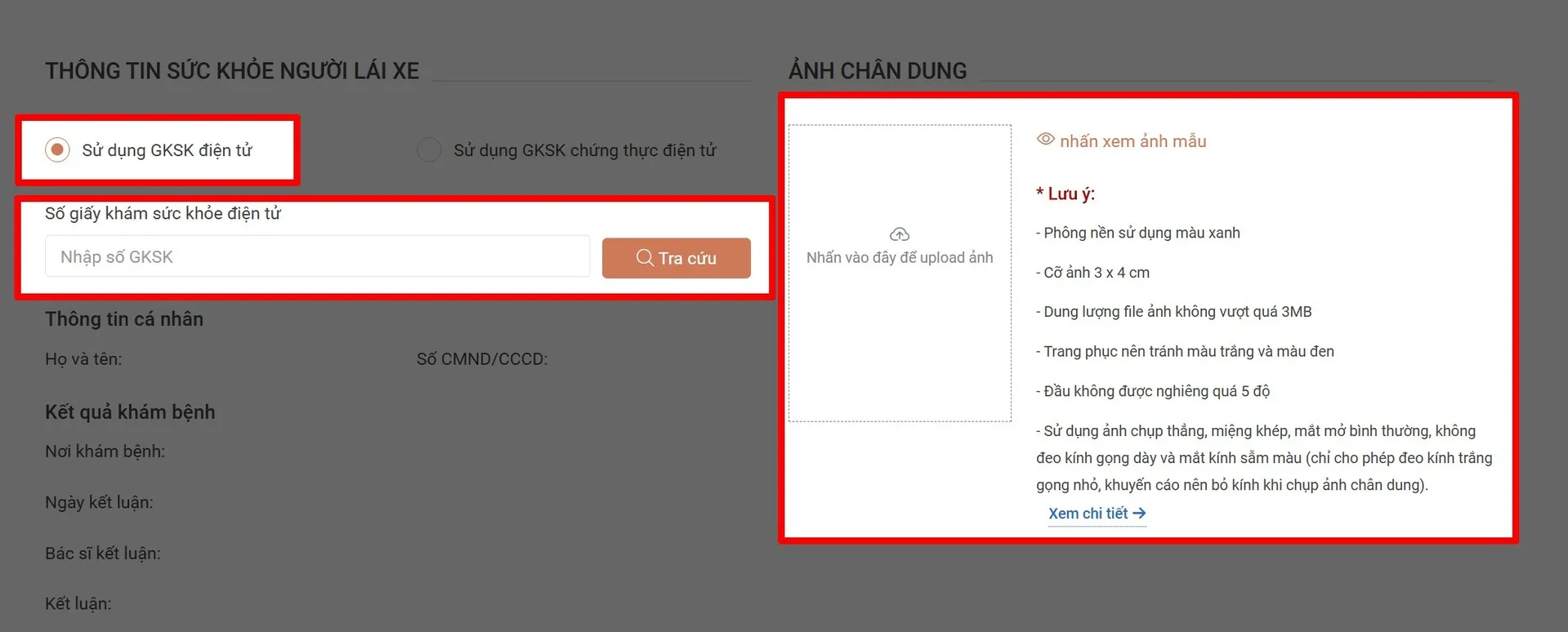 Điền thông tin sức khỏe người lái xe cho giấy phép lái xe mới