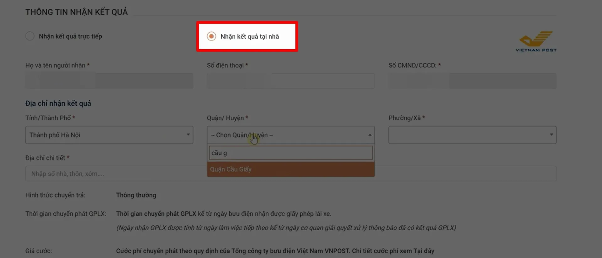 Điền địa chỉ nhận giấy phép lái xe mới
