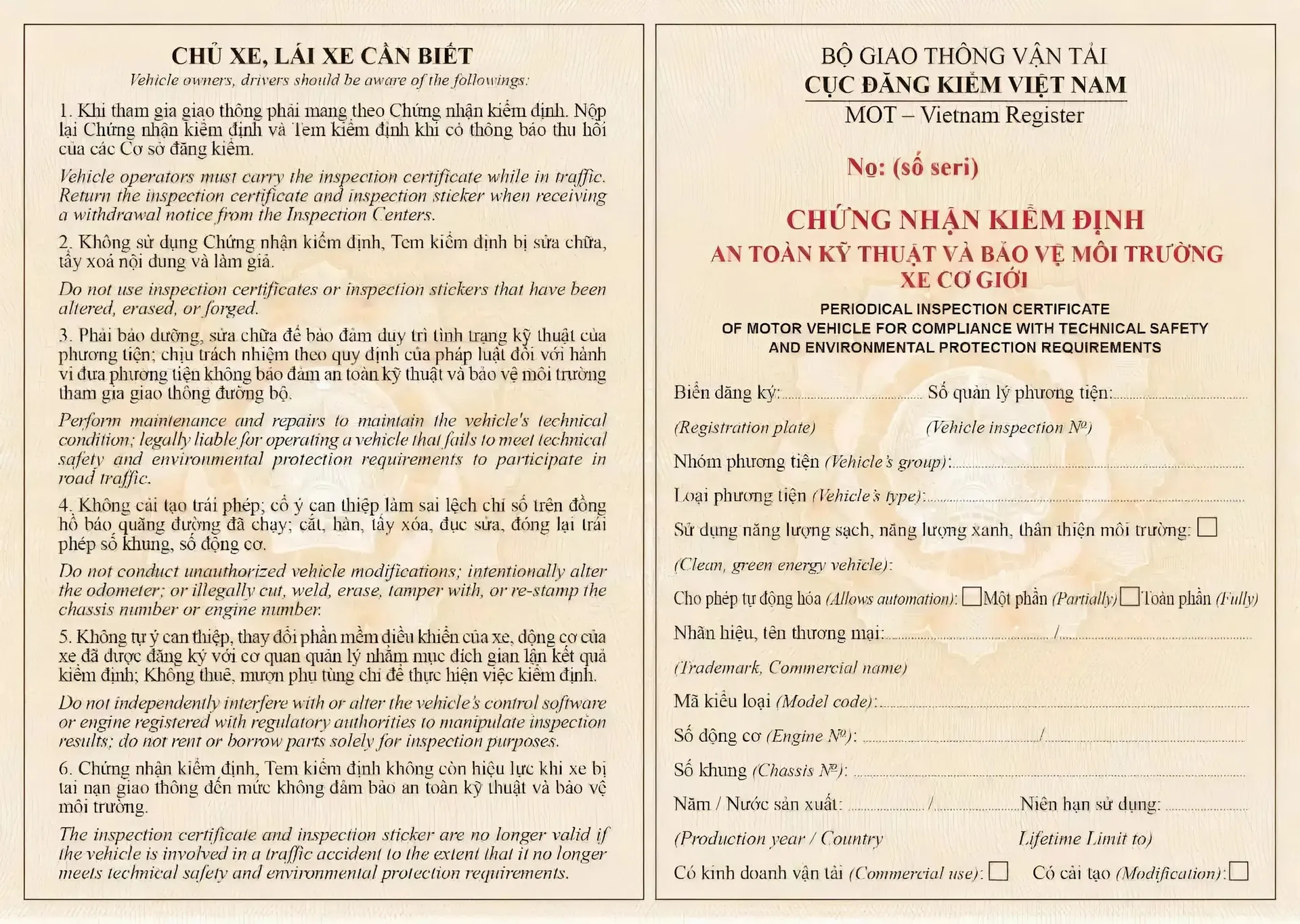 giấy tờ xe 5 Giấy chứng nhận kiểm định an toàn kỹ thuật và bảo vệ môi trường