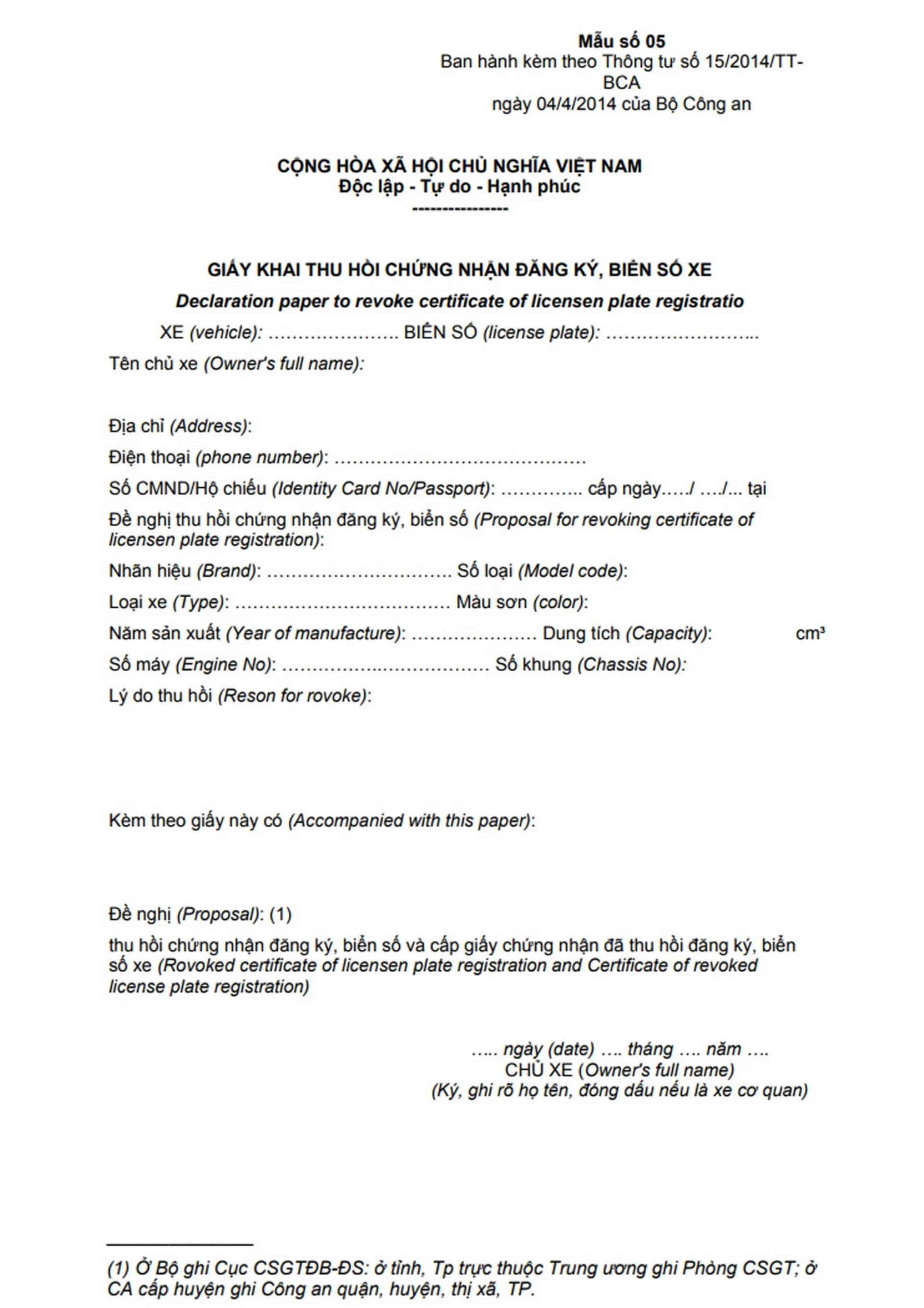 thủ tục sang tên xe ô tô 2 Giấy khai thu hồi chứng nhận đăng ký biển số xe
