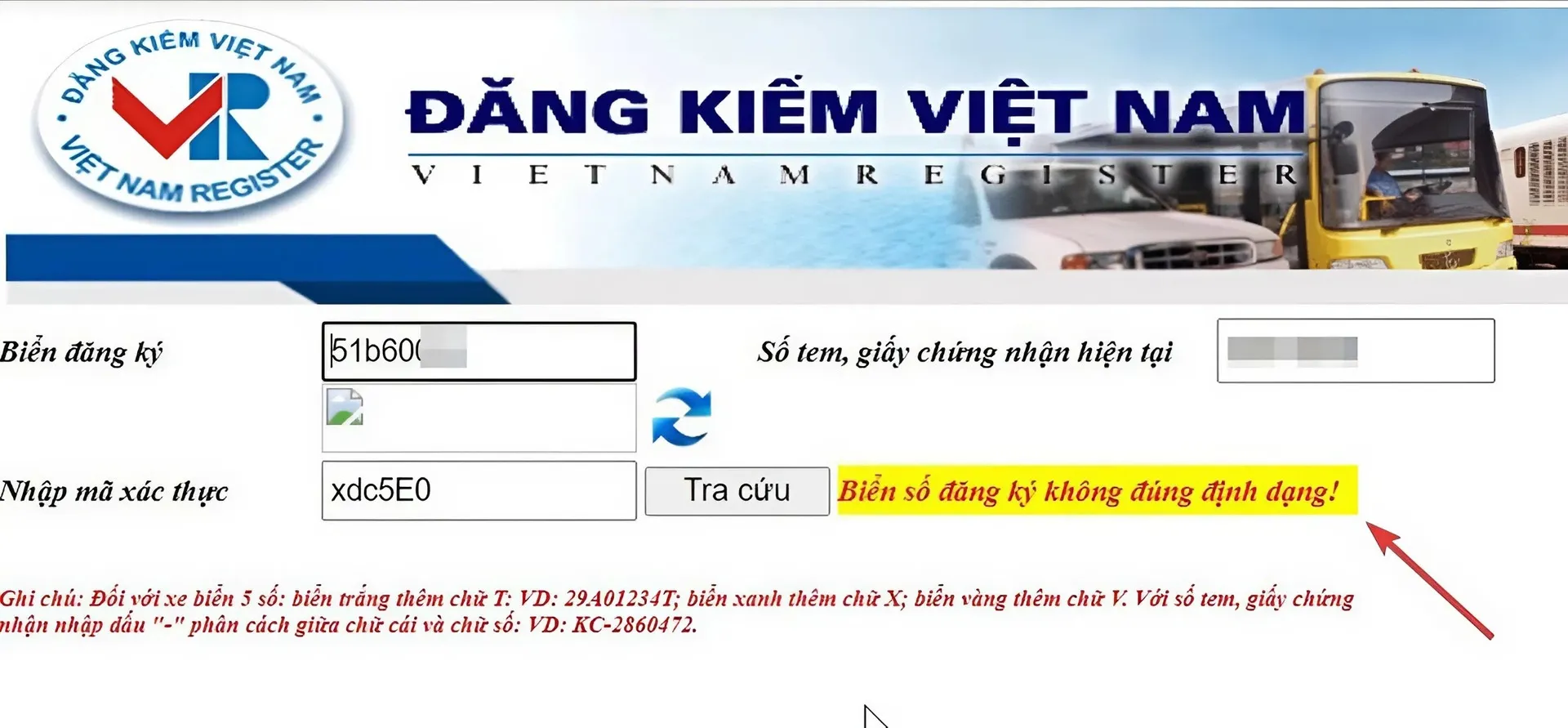 tra cứu đăng kiểm 6 Biển số đăng ký không đúng định dạng