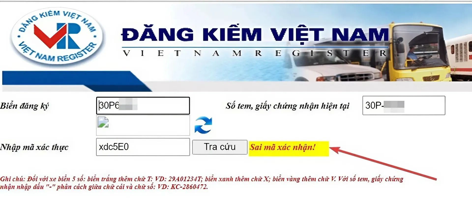 tra cứu đăng kiểm 7 Lỗi sai mã xác nhận