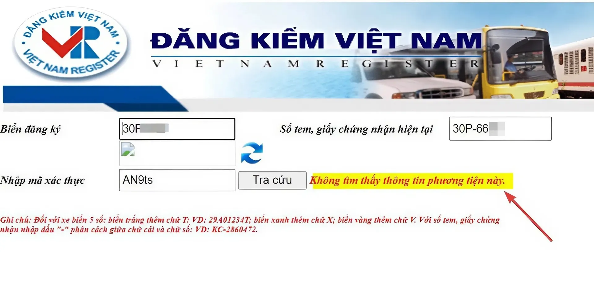 tra cứu đăng kiểm 8 Lỗi không tìm thấy thông tin phương tiện