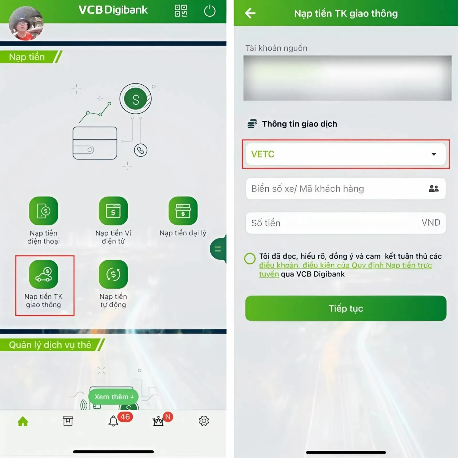 nạp tiền tài khoản VETC qua ứng dụng ngân hàng