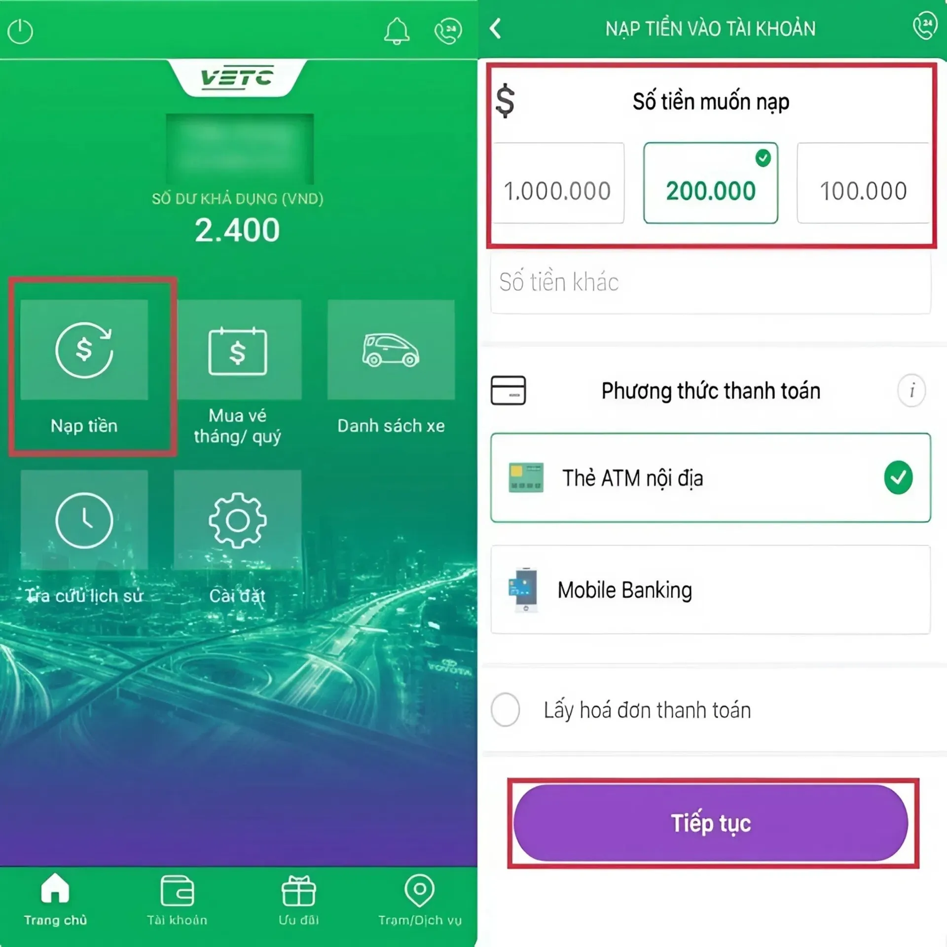 nạp tiền tài khoản thu phí ETC 